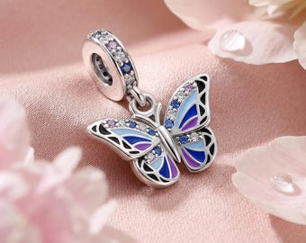 Blue Purple Butterfly Silver Charm, Sparkling Zirconia and Enamel Wings