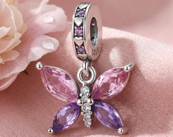 Blossom Butterfly Dangle Charm, Pink Purple Marquise Crystal, Sterling Silver Pendant