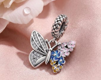 Butterfly Bloom Dangle Charm, Silver Sparkling Wings, Pink Floral Details