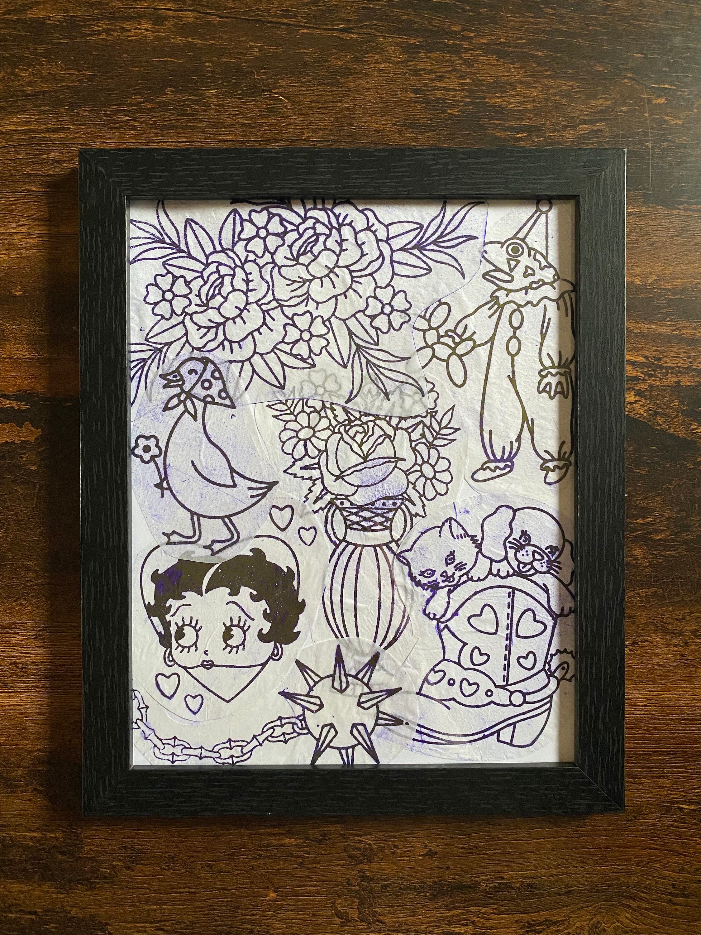 Large Framed Tattoo Stencil Collage Flowers/hearts/cat/dog/cowboy/frog ...