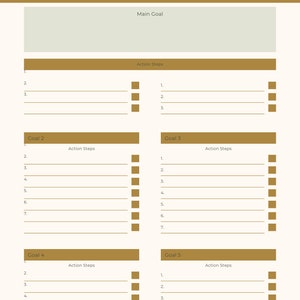 Op de afbeelding: Een printbare doeltracker met een groen-gouden kleurenschema. De tracker heeft secties voor een hoofddoel en vijf extra doelen. Elke doelsectie heeft ruimte om actiestappen te vermelden.