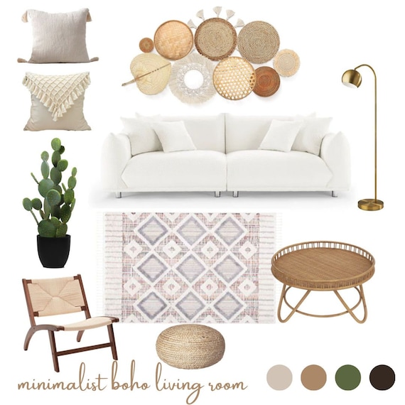 Interior Design Mood Board of a Bohemian Living Room With a