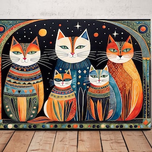 Folk art cat painting. A group of cats naive art print. Cat fantasy digital poster. Naive cat poster. Naive folk art cats. Cat naive print
