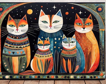 Folk art cat painting. A group of cats naive art print. Cat fantasy digital poster. Naive cat poster. Naive folk art cats. Cat naive print
