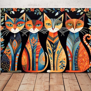 Folk art cat painting. A group of cats naive art print. Cat fantasy digital poster. Naive cat poster. Naive folk art cats. Cat naive print