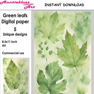 May include: Five digital paper designs featuring watercolor illustrations of pale green leaves. The designs are 8.5x11 inches and are for commercial use.
