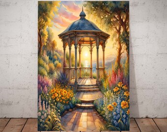 Puede incluir: Una pintura de acuarela de un mirador con techo azul, ambientada en un jardín vibrante. La escena presenta un camino de piedra que conduce al mirador, rodeado de flores y árboles coloridos, con una puesta de sol sobre el agua.
