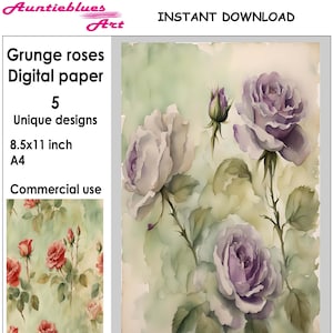 Roses digital paper. Grunge vintage watercolor roses collage sheet for your junk journal, scrapbook, decoupage or any other craft ideas.