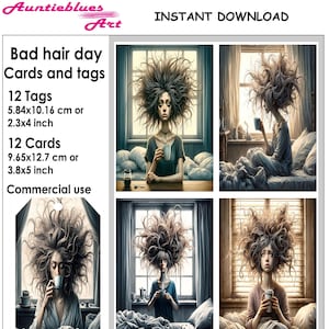 May include: A digital download of 12 printable cards and 12 printable tags featuring a cartoon illustration of a person with messy hair and a cup of coffee. The text "Bad hair day Cards and tags" is at the top of the image. The text "Instant Download" is at the top of the image. The text "Funny digital cards and tags. Perfect for your creative craft projects. Get one and start your new project now!" is at the right side of the image.