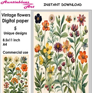Botanisches dekoratives digitales Papier. Vintage Blumen Collage Druckvorlage für Junk Journal, Scrapbook, Decoupage oder andere kreative Ideen