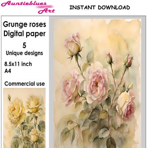 Roses digital paper. Grunge vintage watercolor roses collage sheet for your junk journal, scrapbook, decoupage or any other craft ideas.