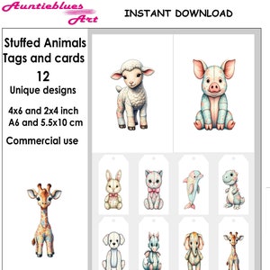 Könnte beinhalten: Zwölf digitale druckbare Etiketten und Karten mit niedlichen Stofftieren. Die Tiere sind im Patchwork-Stil mit Pastellfarben illustriert. Die Etiketten sind in zwei Größen erhältlich: 4x6 Zoll und 2x4 Zoll. Der Text auf dem Bild lautet: "Stuffed Animals Tags and cards 12 Unique designs 4x6 and 2x4 inch A6 and 5.5x10 cm Commercial use Instant Download 12 Stuffed animals tags and cards. Size both in inch and cm in JPG and PNG. Perfect for gift labels and baby shower favors!"