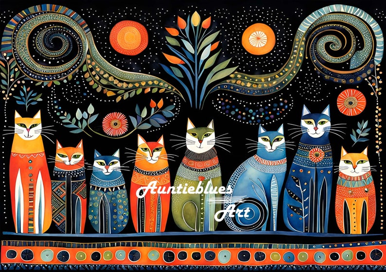 folk-art-cats-digital-paper-printable-naive-whimsical-folklore-cats