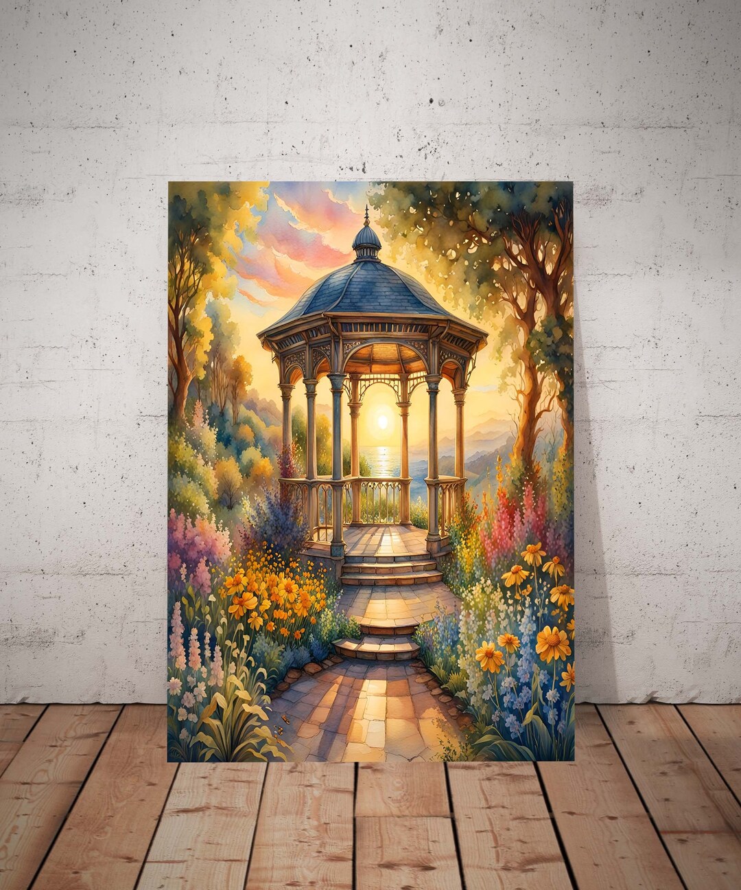 Gazebo Flower Garden Digital Poster. Fantasy Summer Gazebo Art Print