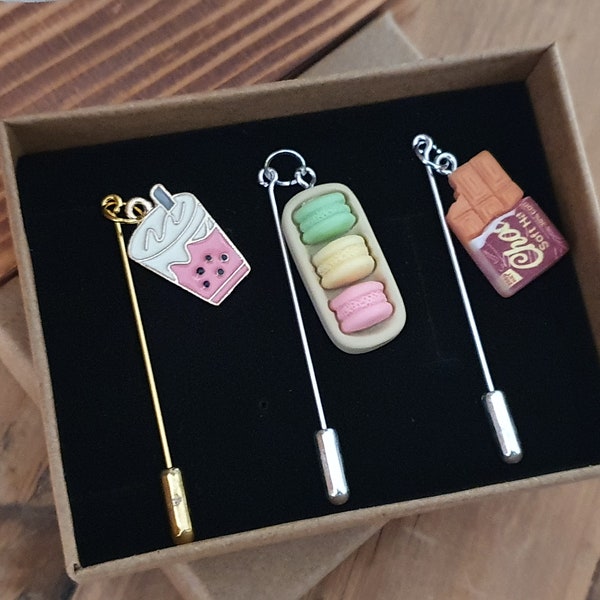 3 Treat Yourself Pins in Box | Bubble Tea, Macaron, Chocolate Bar | Confectionery Lover Gift, Sweet Tooth, Fun Gift | Hijab Scarf Hat Lapel