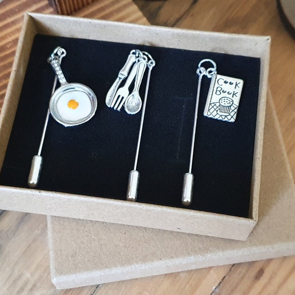 3 Cooks Pins in Box | Egg in Frying Pan, Cutlery, Cookbook | Foodie Chef Culinary Artist Food Lover | Unique Brooch | Hijab Scarf Hat Lapel