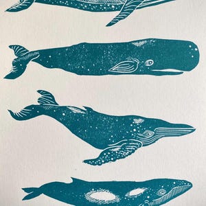 Whales | original limited edition handprinted linocut A4