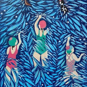 Sea swimmers and dogs | original limited edition reduction technique linoprint