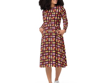 Checkered Long Sleeve Midi Mom Dress