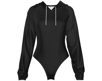 Body noir à capuche pour femme | Combinaison skinny à manches raglan | Haut streetwear de tous les jours