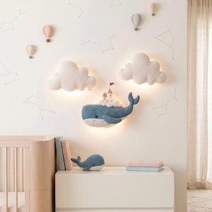 Puede incluir: Decoración mural infantil con una ballena azul con un castillo en la espalda, iluminada por una luz suave. Luces blancas con forma de nube y pequeños globos aerostáticos adornan la pared, junto con contornos de constelaciones. Un pequeño peluche de ballena está sobre una cómoda blanca.