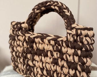 Mini Chunky Crochet Tote Handbag - Chunky Handmade Bag - T-shirt Yarn Bag - Summer Bag