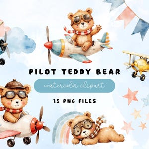 Teddy Bear Pilot Watercolor Clipart Pack Baby Aviation Airplane Nursery Illustrations Cute Baby Bear Flying Sublimation PNG Commercial Use