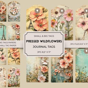 Journal pressé fleurs sauvages, étiquettes imprimables, kit de journal floral indésirable, album de scrapbooking, feuille de collage numérique, papier imprimable, téléchargement immédiat