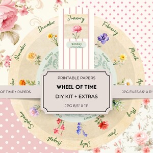 Calendrier floral de la roue du temps, calendrier de fleurs de naissance, kit de journal indésirable bricolage, album de scrapbooking, feuille de collage numérique en papier imprimable, téléchargement immédiat