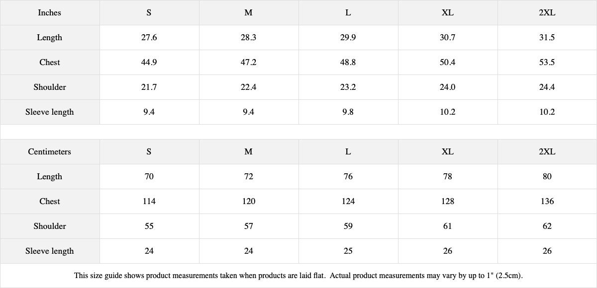 oversized tee size chart