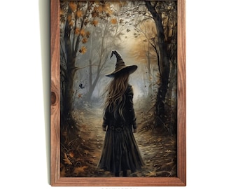 Autumn Witch Art Print | Fall Forest Scene | Gothic Witch Portrait | Halloween Wall Decor | Dark Academia Witch PRINTABLE