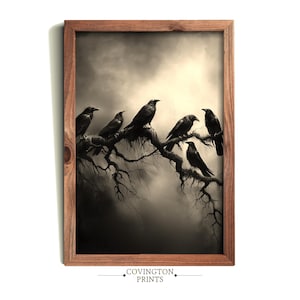 Gathering of Crows | Gothic Bird Silhouettes | Dark Nature Art | Spooky Branch Scene PRINTABLE