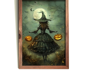 The Witch's Walk | Halloween Pumpkin Wall Decor | Gothic Witch Portrait | Spooky Fall Scene | Victorian Witch Art PRINTABLE