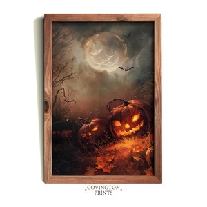 お化け屋敷 | 光るカボチャのウォールアート | ゴシックな秋の装飾 | ジャック・オー・ランタンアート | 不気味なハロウィーンの夜景（印刷可能）