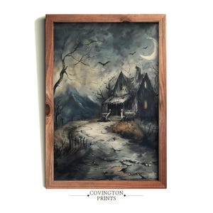 Gothic Haunted House | Spooky Halloween Night Scene | Dark Academia Wall Art | Moody Victorian Home Print | Halloween Moon Art PRINTABLE