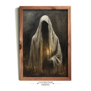 Gothic Ghost Art | Dark Robed Figure with Candle | Spooky Victorian Spirit Print | Haunted Forest Scene | Dark Academia Wall Art PRINTABLE