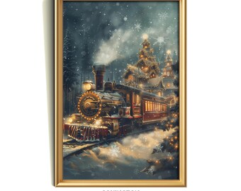 クリスマス列車アート | 冬の休日の風景 | ヴィンテージ機関車プリント