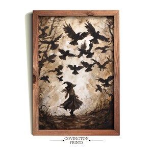 Little Witch Among the Crows | Gothic Raven Print | Sepia Halloween Wall Art | Victorian Witch Dance | Dark Magic Wall Decor PRINTABLE