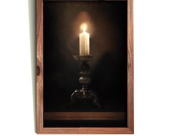 Samotne światło świecy | Druk martwej natury w chiaroscuro | Gotycki wystrój domu | Nastrojowa sztuka świec w stylu vintage | Sztuka ścienna Dark Academia DO DRUKU