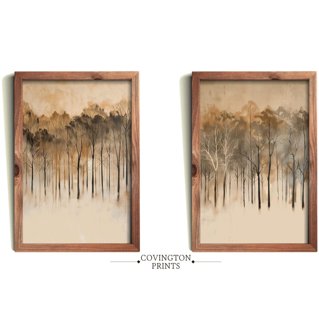 Misty Forest Set | Neutral Woodland Art Set | Foggy Trees Print Pair ...