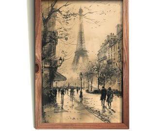 Impresión al carbón de París / Paisaje urbano de la Torre Eiffel / Escena callejera francesa / Arte mural vintage de París / Boceto parisino sepia IMPRIMIBLE