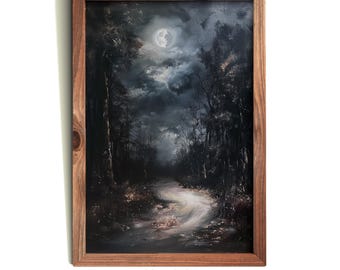 Camino forestal iluminado por la luna / Impresión de naturaleza de Dark Academia / Arte gótico del bosque / Escena nocturna melancólica / Decoración de pared de bosque oscuro IMPRIMIBLE