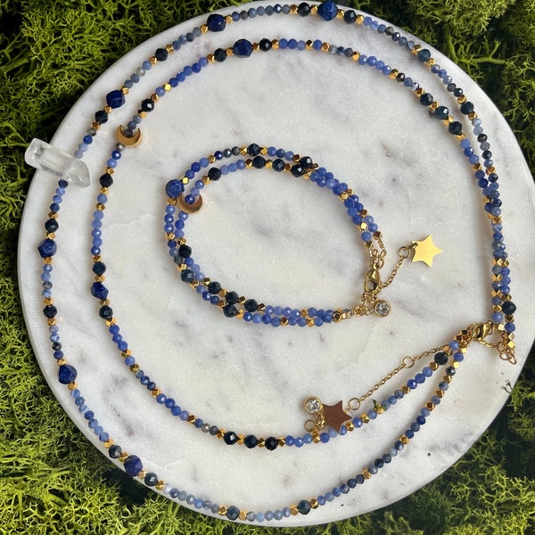 Necklace and. Natural stone, lapis lazuli, blue, dark blue colours with finish of Gold color.