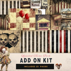 Kit de diário de parque temático mal-assombrado, itens efêmeros de carnaval gótico para impressão, brinquedos assustadores, pasta de palhaços, jogos e atrações fantasmagóricas, kit adicional