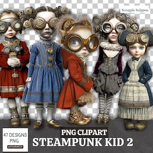 May include: A digital illustration featuring five steampunk-style children. Each child wears goggles, ornate clothing, and unique accessories. The image includes the text "PNG CLIPART STEAM PUNK KID 2" and "47 DESIGNS PNG printable".