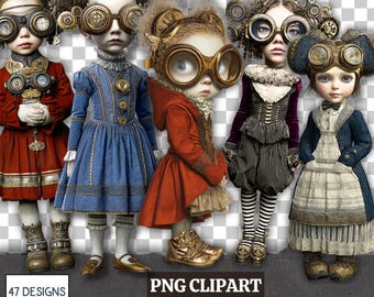 Steampunk Kid Clipart Bundle: Victorian Gearhead PNG Graphics (Digital Download, 300 DPI, 6x11 inch