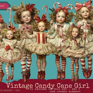 Vintage Candy Cane Girl PNG-clipart, kerstillustraties, elementen met één onderwerp, vintage kerstpersonages digitale scrapbooking afdrukbaar