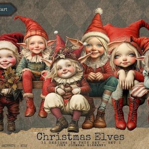 May include: A set of 31 digital illustrations of Christmas elves. The elves are wearing red and green clothing and have white wings. The illustrations are perfect for scrapbooking, card making, and other craft projects.