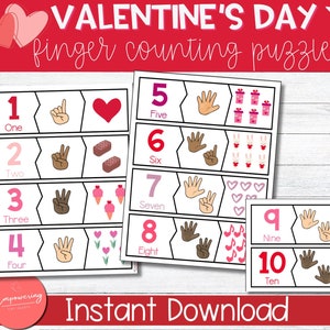 Valentines Day Number Matching Puzzle, Valentine&#39;s Day Finger Counting Puzzle, Valentines Day Activity, Valentine&#39;s Day Math Puzzle,