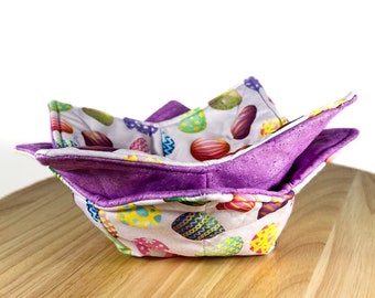 Reversible Microwavable Bowl Cozies Soup Bowl Cozies Pot Holder Bowl Cozy Pot Holder Fabric Bowl Cozy Bowl Colorful Spring Easter Egg themed